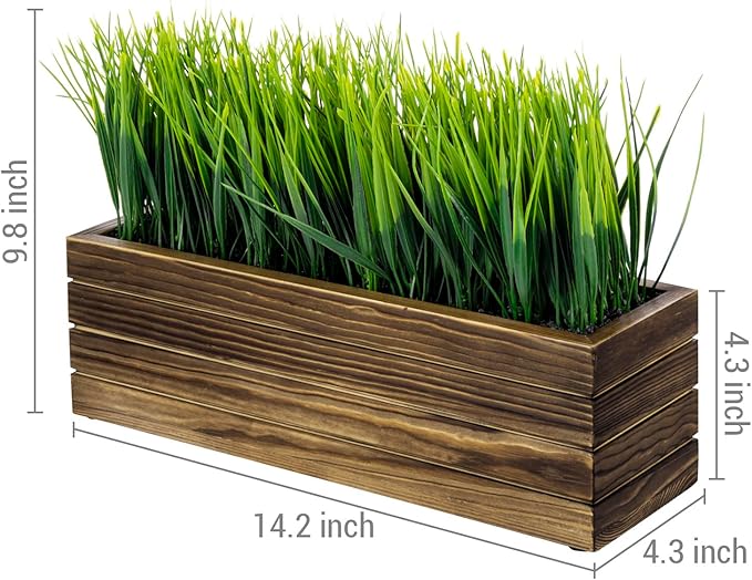 MyGift 14 Inch Artificial Green Grass Plant in Rustic Burnt Solid Wood Rectangular Crate Style Planter Box, Indoor Decor Faux Greenery in Decorative Wooden Container