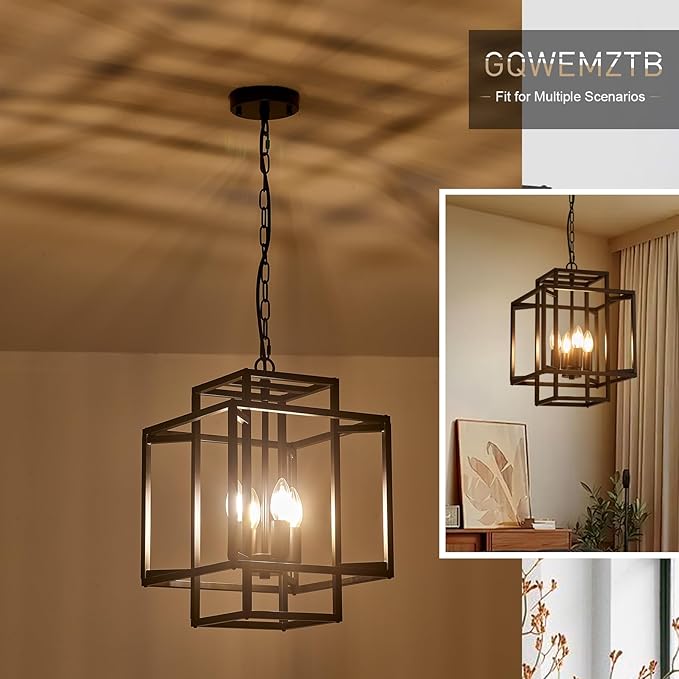 4-Light Black Chandelier,Semi Flush Light Fixture for Farmhouse with Metal Cage,E12 Bulb Socket and Adjustable Height for Dining Room,Kitchen Island,Living Room,Staircase, Entryway and indoor