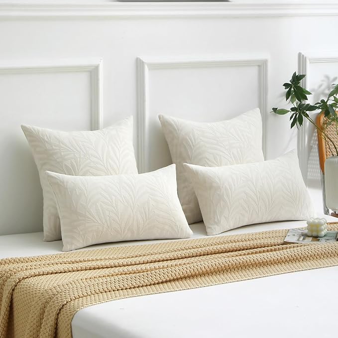 FUTEI Cream Decorative Throw Pillow Covers 20x20 Inch Set of 2,Soft Chenille Phoenix Tail Leaf Textured Cushion Case,Modern Home Decor for Couch Bed Living Room