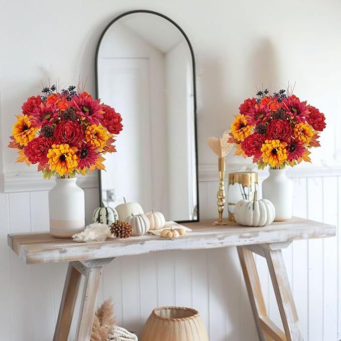 HUAESIN Artificial Fall Flowers 2 PCS Silk Sunflower with Peony Fall Cemetery Flowers Faux Flowrer Arrangements Home Indoor Outdoor Planter Decor Party Wedding Table Autumn Decoration