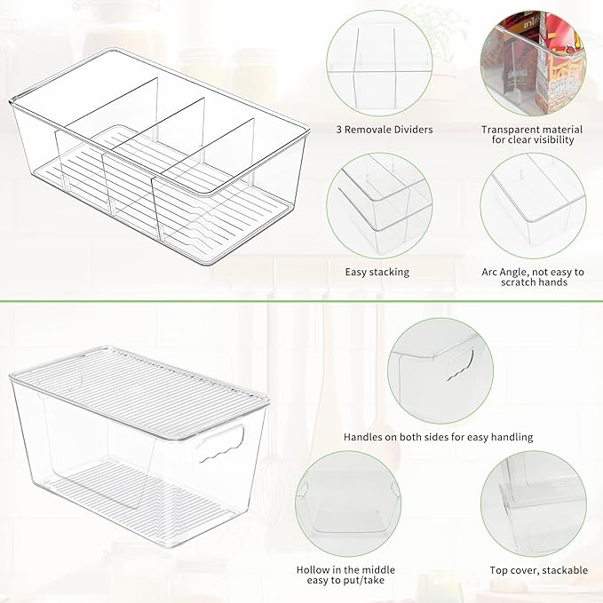 6 Pack Clear Plastic Storage Bins Snack Organizers with Lids Handle for Home Organization Kitchen Cabinet Fridge Laundry Room Office Closet Garage Freezer