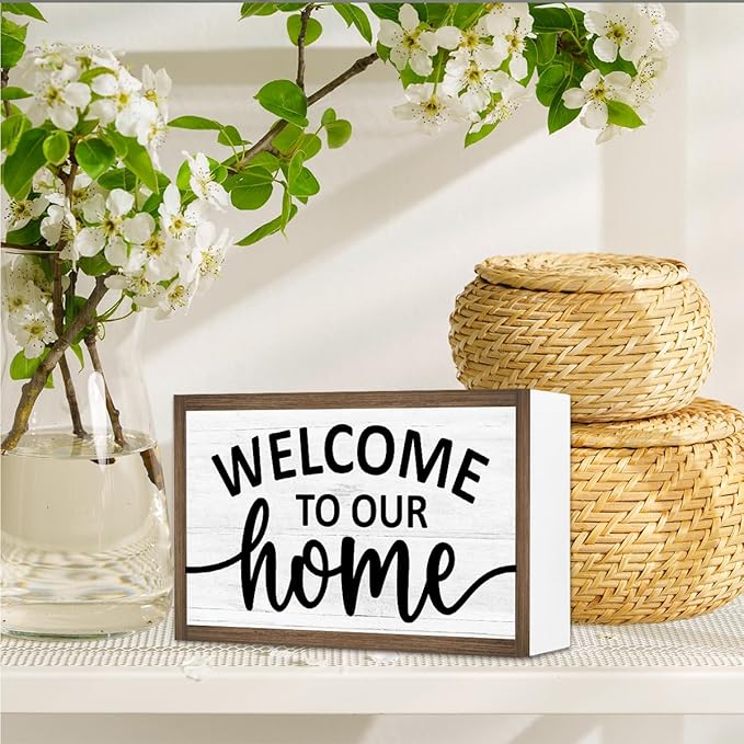 Welcome to Our Home Wooden Box Sign Desk Decor,Family Saying Wood Block Sign for Home Farmhouse Bedroom Shelf Tabletop Wall Decor