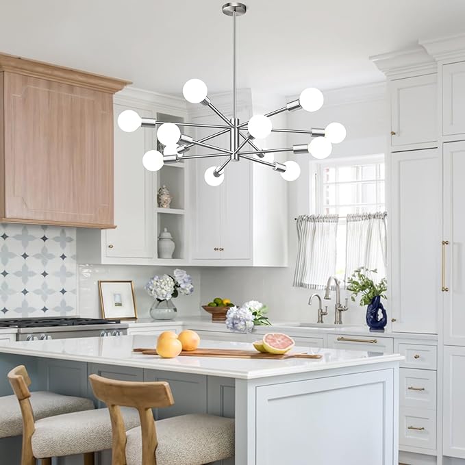 33" Modern Chandelier Ceiling Light Fixture, 12-Light Sputnik Chandeliers Brushed Nickel Mid Century Chandelier Over Table, Height Adjustable Chandeliers for Dining Room Living Room Kitchen Island