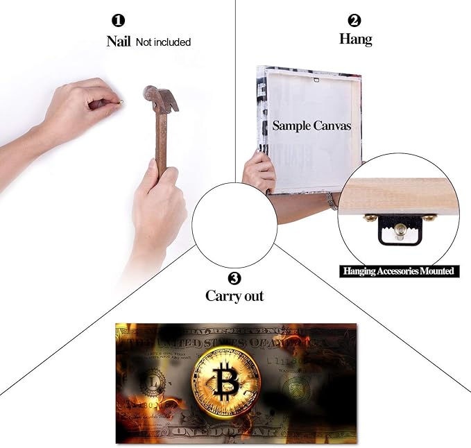 Yatsen Bridge Motivational Dollar Money Artwork Burning Bitcoin and Dollar Wall Art Framed Art Ready to Hang-48x24 inches