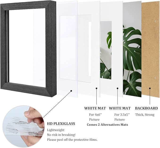 Egofine 5x7 Picture Frames Set of 4, Made of Solid Wood Covered by Plexiglass 3.5x5 and 4x6 with Mat or 5x7 without Mat, for Table Top Display and Wall Mounting Photo Frame Rustic Black