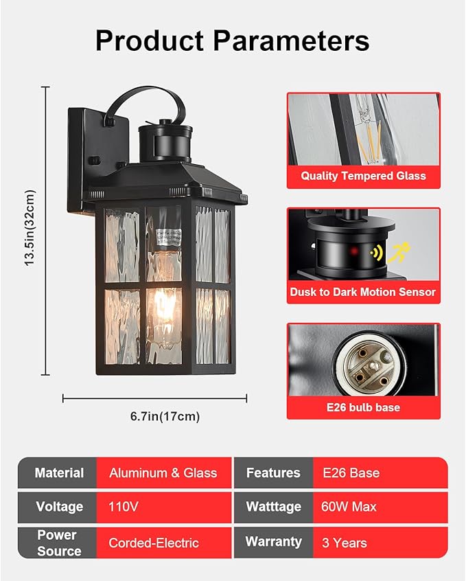 Porch Lights Outdoor with Remote Control: Motion Sensor Exterior Lighting Fixtures Intelligent 3 Lighting Modes Outdoor Wall Lights Sconce Lights for House Patio Front Door Garage