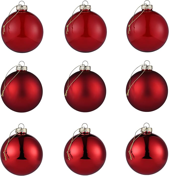 Red Glass Christmas Ornaments, 3.15" Ball Set of 9 With 3 Different Finishes, Vintage Xmas Balls for Tree, Home Decor, Thanksgiving Party Gift