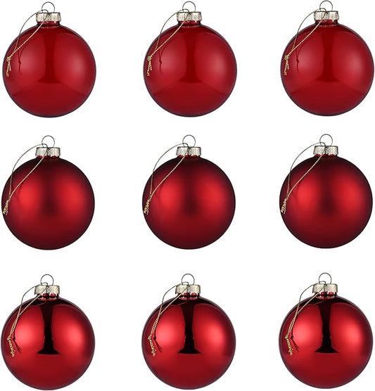 Red Glass Christmas Ornaments, 3.15" Ball Set of 9 With 3 Different Finishes, Vintage Xmas Balls for Tree, Home Decor, Thanksgiving Party Gift