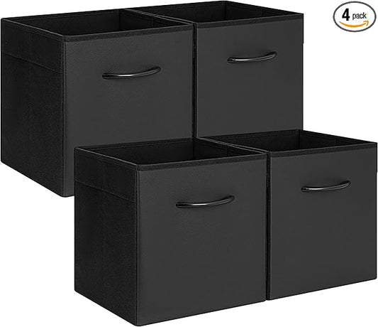 StorageWorks Black Storage Cubes, 11-inch Leather Bins with Handle, Cube Organizer Baskets for Shelves and Closet, Collapsible Storage Bins, 4-Pack