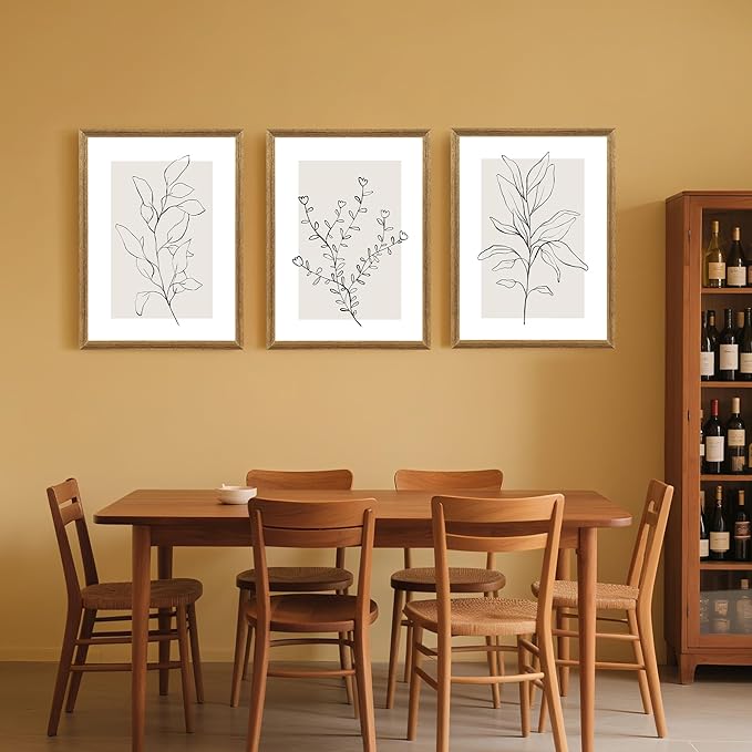 WRFON Neutral Botanical Canvas Wall Art, Minimalist Black Line Flower Poster Prints, Boho Beige Floral Wall Decor, Abstract Plant Leaf Aesthetic Picture for Bedroom Living Room Wood Framed 12"x16"x3
