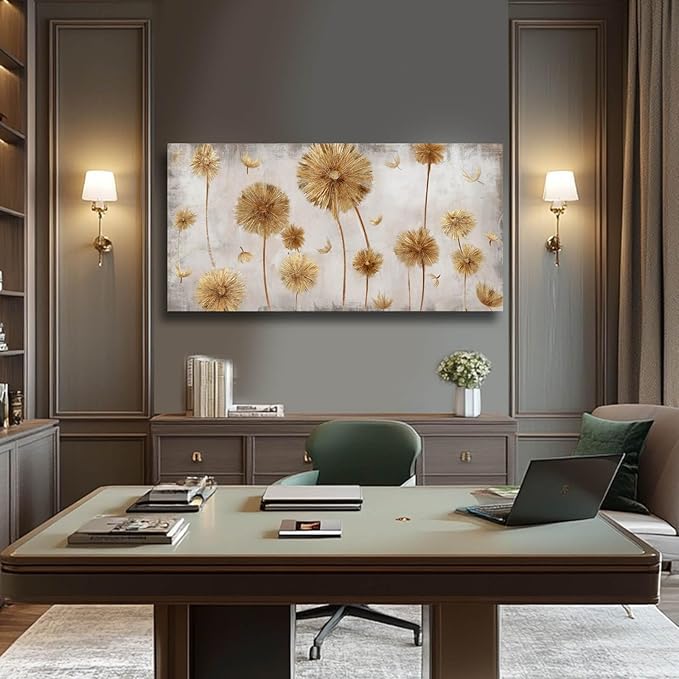 Framed Canvas Wall Art Gold Dandelion Wall Prints Living Room Artwork Grey Picture Wall Decor for Bedroom 20"x 40" Office Painting Home Decor