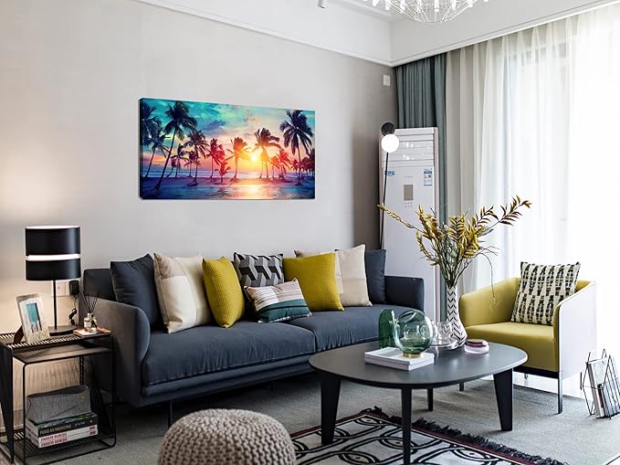 DZL Art S75550 Canvas Wall Art Palm Trees Silhouettes On Tropical Beach At Sunset Beach Seascape Painting Nature Pictures for Living Room Home Office Wall Decor Artwork