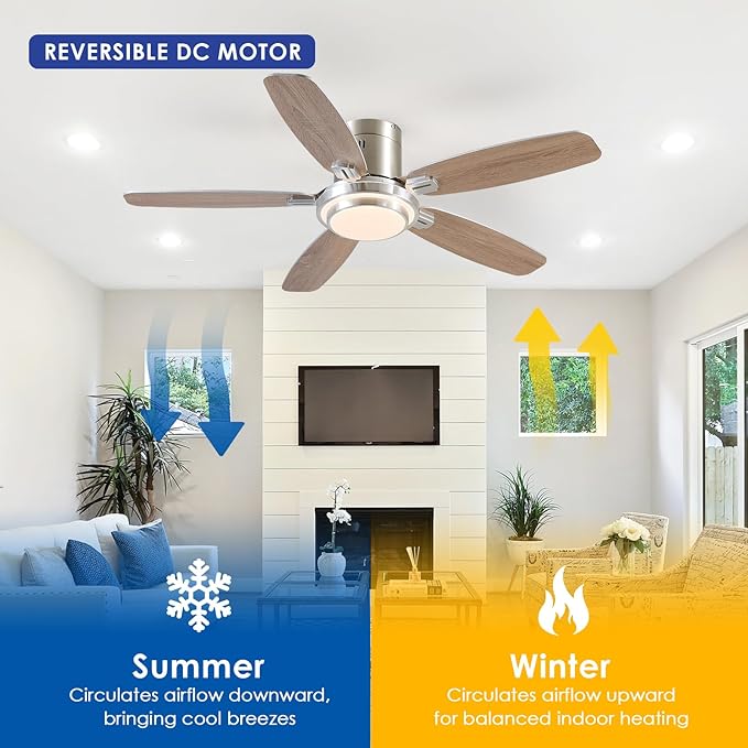 Low Profile Ceiling Fan with Lights and Remote/APP, 50 Inch Modern Flush Mount Ceiling Fan with 3CCT 6-Speeds Quiet DC Motor,Dimmable 3-Color Temperatures for Living Room Bedroom(Nickel)