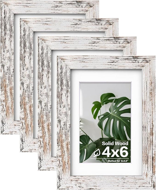 Egofine 4x6 Picture Frames Set of 4, Made of Solid Wood Covered by Plexiglass 3.5x5 with Mat or 4x6 without Mat, for Table Top Display and Wall Mounting Photo Frame Rustic White