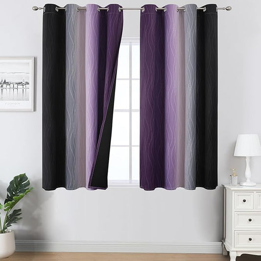 Estelar Textiler Black and Purple Ombre Blackout Curtains 45 Inch Length 2 Panels, Full Room Darkening Gradient Drapes for Kitchen, Thermal Insulated Grommet Short Curtains for Bathroom,52Wx45L