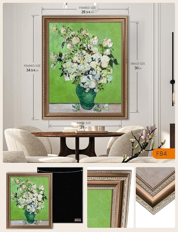 DECORARTS - Pink Roses in a Vase, Vincent Van Gogh Art Reproduction. Acid Free Cotton Canvas Giclee Print w/Bronze Frame&Mat for Wall Decor.
