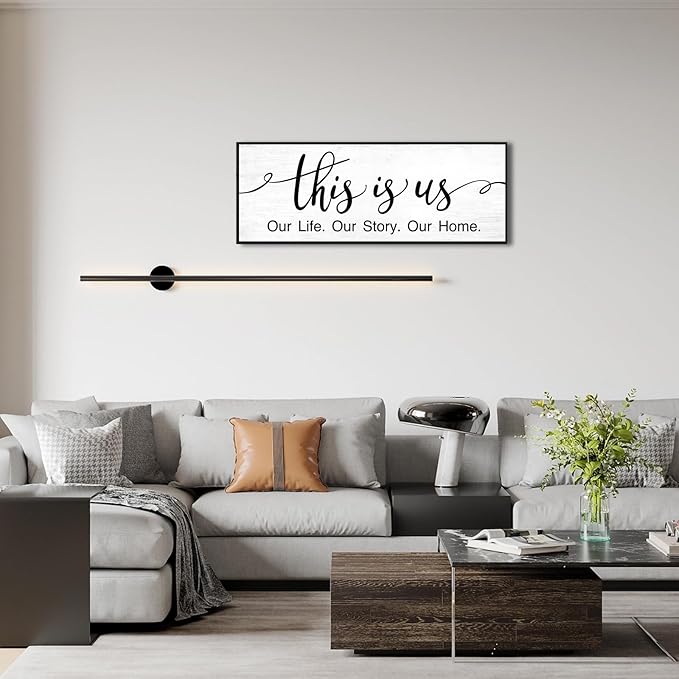 This is Us Wall Decor: 32x12 Inch Framed Canvas Print Family Sign for Bedroom Living Room,Minimalist Art with Quote Our Life Our Story Our Home Signs Modern Farmhouse Wall Art