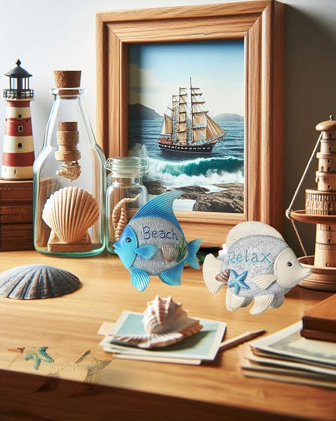 Coastal Charm Resin Fish Figurines - Set of 2 Decorative Relax & Beach Decor Nautical Themed 4.4'' Statues for Home Hotel (Fishes)