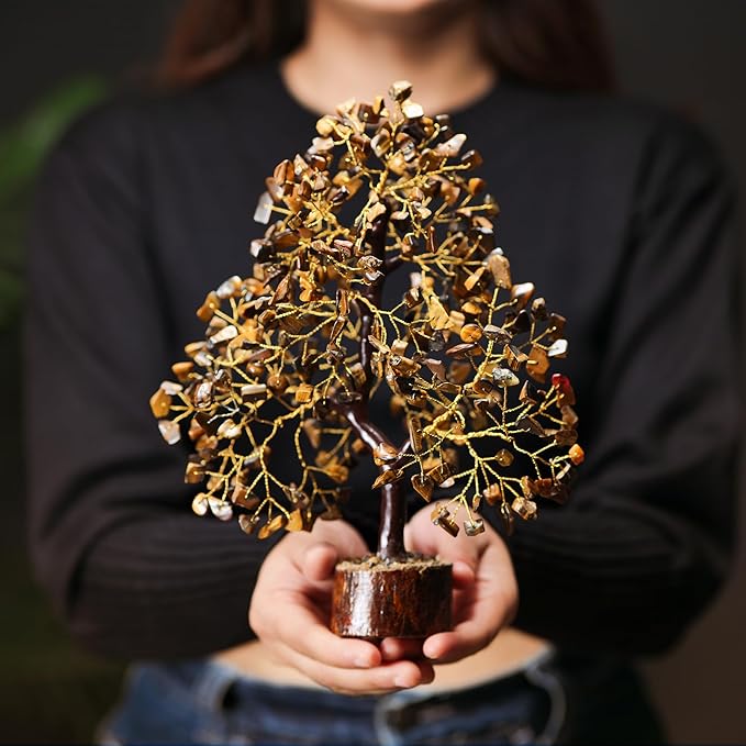 Tiger Eye Gemstone Tree, Crystal Tree, Home Decor, Birthday Gifts for Women, Office Desk Decor, Bonsai Trees for Positive Energy, Crystals & Healing Stones Fake Plants, Office Desk Accessories 10-12"