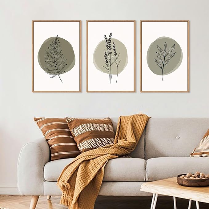 HOURIA Sage Green Leaves Framed Canvas Wall Art Set,Minimalism Boho Leaf Wall Decor, Modern Nature Botanical Wall Painting,Mid Century Plant Art Prints for Living Room,Bedroom,Farmhouse-24 x36 x3