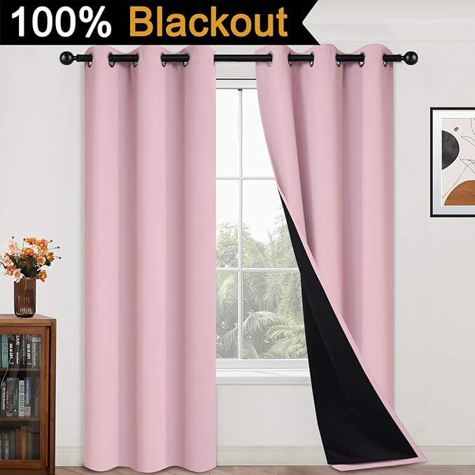 Yakamok Full Blackout Curtains 84 Inches Long,Blackout Curtain Panels for Bedroom, 2 Thick Layers Grommet Top Thermal Insulated Drapes with Black Liner for Living Room(Pink, Set of 2)