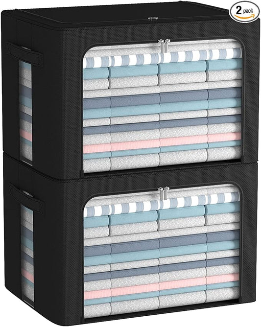 Clothes Storage Bins Box - Linen Fabric Foldable Stackable Container Organizer Set with Clear Window & Carry Handles & Metal Frame (Black, Large-66L)
