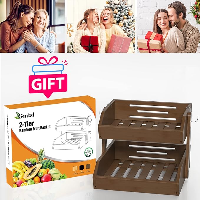 Bamboo Fruit Basket for Kitchen – 2 Tier Fruit Bowl For Kitchen Counter, Large Fruit Holder With 2 Banana Hangers, Idea For Fruit and Vegetable Storage, Bread Basket, Snack Organizer(WALNUT)