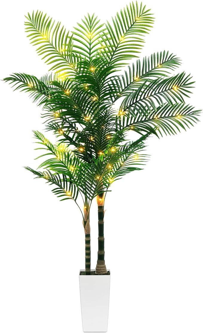 7ft Artificial Golden Cane Palm Tree with LED Fairy Lights & White Tall Planter-Lifelike Faux Tropical Palm with Realistic Trunk and Palm Leaves for Indoor Home Office Living Room Corner Decor