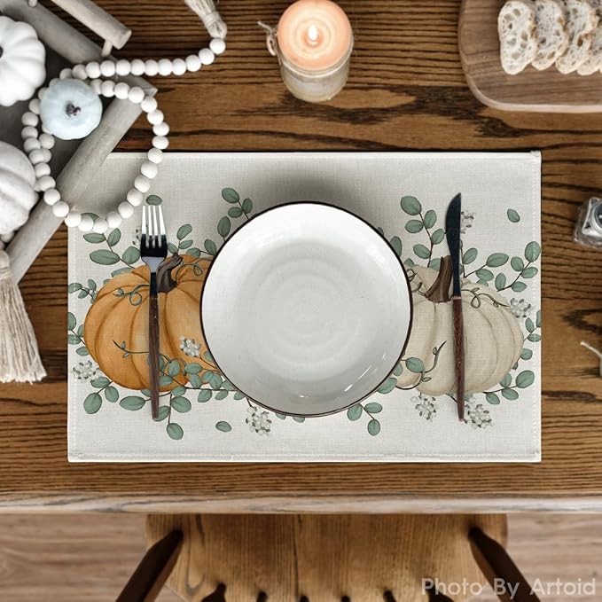 Artoid Mode Orange Pumpkin Eucalyptus Fall Placemats Set of 6, 12x18 Inch Seasonal Table Mats for Table Runner Party Kitchen Dining Decoration