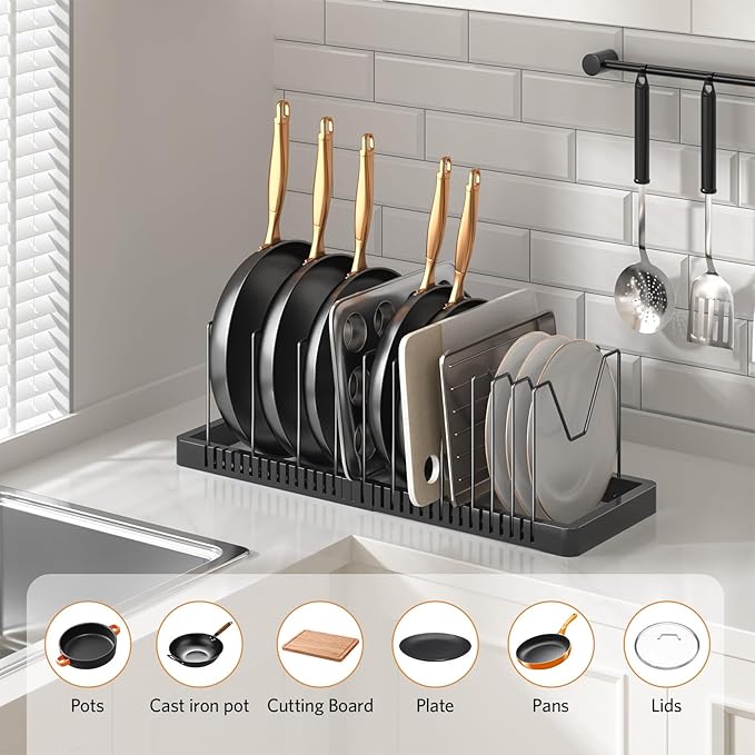 Pots and Pans Organizer under Cabinet, Expandable Pot Lid Organizer Holder with 12 Adjustable Compartment, Pan Organizers inside Cabinet for Lids, Bakeware, Kitchen Storage Pot Rack, Black