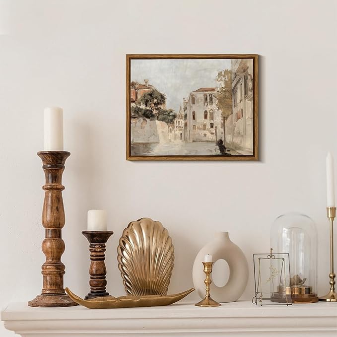 KBKBART Vintage Wall Art, Retro Neutral Italy Wall Art Framed Canvas Art Prints Venice Canva Painting Farmhouse Decor, Rustic Impressionism Scenic Landscape Wall Decor for Bathroom, Bedroom Living Room, Vintage Wall Decor(8"x10")