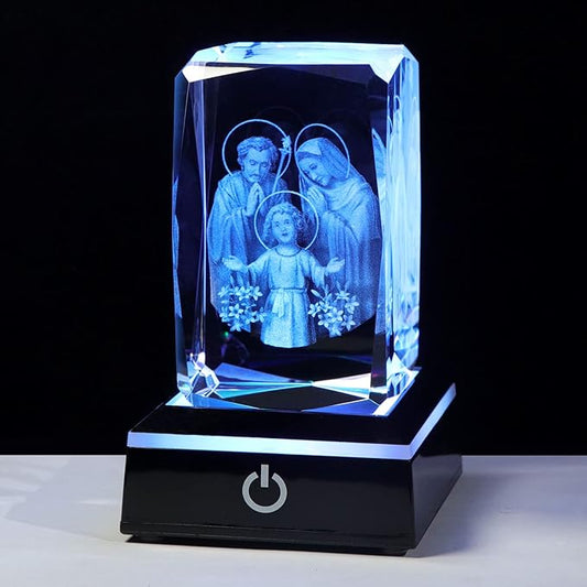 Movdyka 3D Crystal Jesus Figurine Religious Gifts for Women Men Christian Laser Engrave Holy Family Religious Christmas Ornaments Decorations with Colorful LED Base