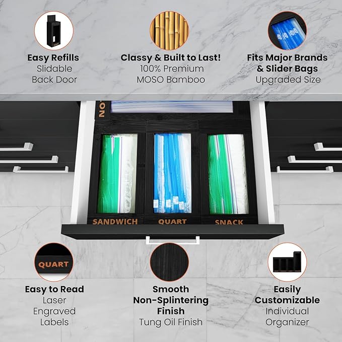 Bag Storage Organizer - Bamboo Food Plastic Baggie Holder, Dispenser, and Container for Kitchen Drawer - Fits Major Brand's Gallon, Quart, Sandwich & Snack Sized Slider Bags (Black)