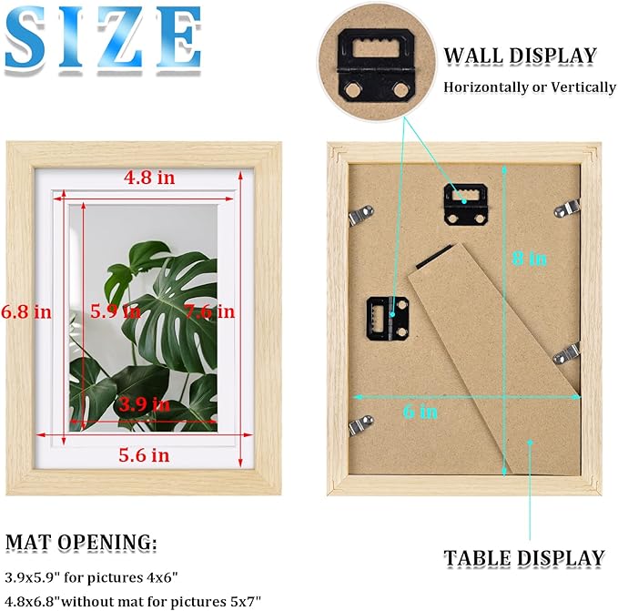 Egofine 6x8 Picture Frames Set of 4, Made of Solid Wood Covered by Plexiglass 4x6 and 5x7 with Mat or 6x8 without Mat, for Table Top Display and Wall Mounting Photo Frame Oak Wood