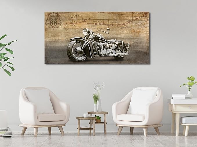 arteWOODS Vintage Motorcycle Canvas Wall Art - Historic Route 66 Retro Vehicle Pictures for Men Boys Bedroom Wall Decor Modern Motorcross Canvas Print Artwork Home Office Wall Decoration 29" x 58"