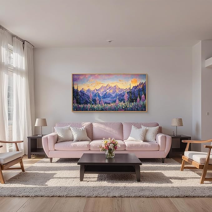 HOURIA Purple Sunset Mountain Landscape Framed Canvas Wall Art Set,Nature Pine Tree Wildflowers Wall Decor,Golden Sunlight Wall Painting,Modern Field Art Prints for Living Room, Bedroom-20 x40 x1