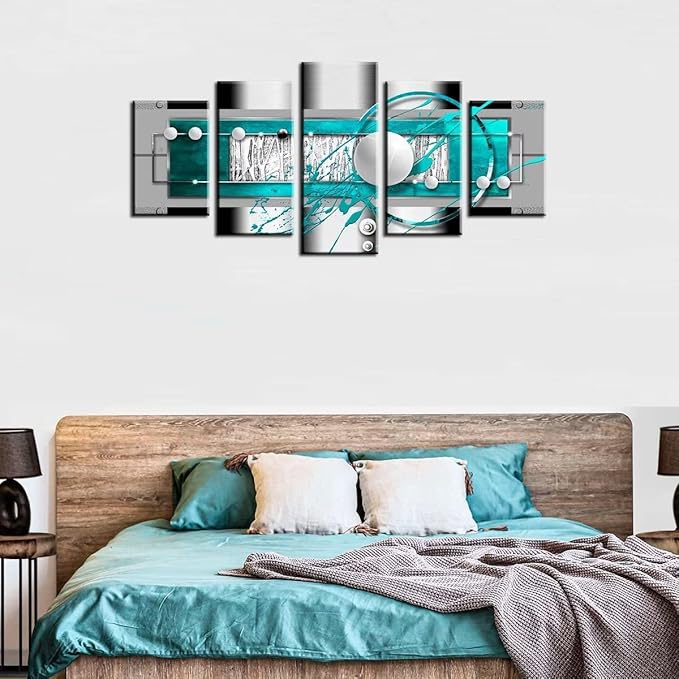 AWLXPHY Decor Large Abstract Wall Art Blue and White for Dinner Room Decor Geometric Canvas Painting Modern Simple Circle Round Line HD Print Artworks Giclee 5 Pieces (Blue, W40 x H20)