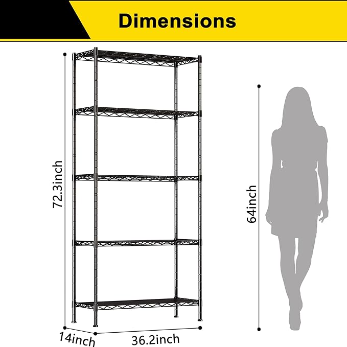 GIOTORENT 5-Wire Garage Shelving Storage Shelves, Metal Shelf Organizer 1750Lbs Capacity, Kitchen Storage Adjustable Shelf for Laundry Bathroom Pantry Closet, Black 36.2''L x 14''W x 72.3''H