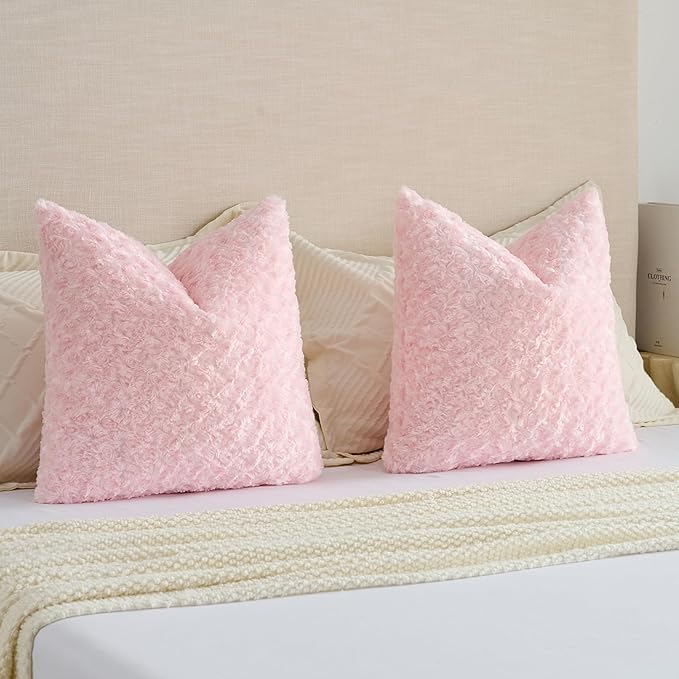 FUTEI Pink Decorative Throw Pillow Covers 16x16 Inch Set of 2,Soft Solid Rose Textured Cushion Case,Modern Home Decor for Couch Sofa Bed Living Room