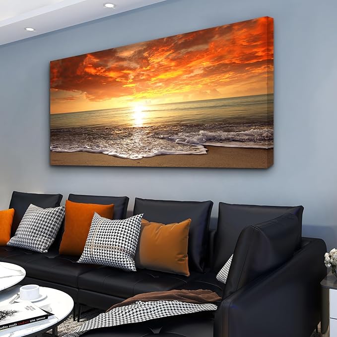 Baisuart S0162 Canvas Prints Wall Art Sunset Ocean Beach Pictures Photo Paintings for Living Room Bedroom Home Decorations Stretched and Framed Seascape Waves Landscape Giclee Artwork 30x60inch