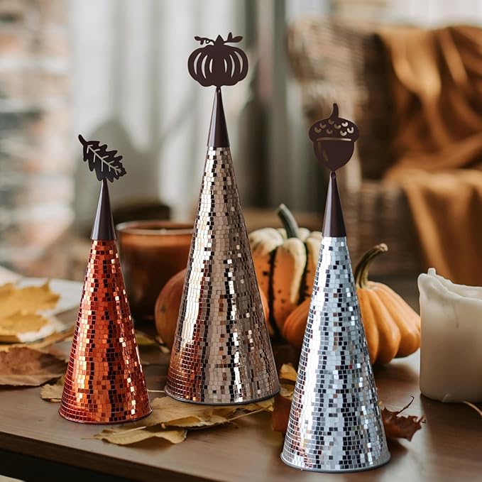 WDHODEC Fall Table Decor Tree 3PCS, Handmade Fall Halloween Table Centerpiece Decorations, Tabletop Disco Ball Tree for Autumn Party, Wedding, Indoor Outdoor Thanksgiving Decor Orange Brown Silver