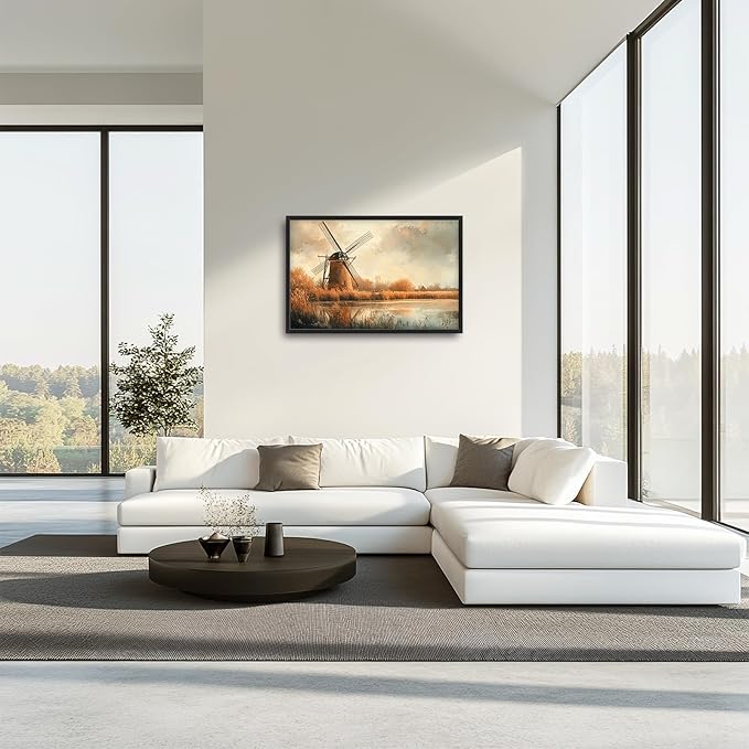 Landscape Framed Wall Art for Living Room, Large Holland Windmill Canvas Wall Decor, Country Farmhouse Pictures Painting, Modern Artwork for Bathroom Bedroom 36L'' × 24W''