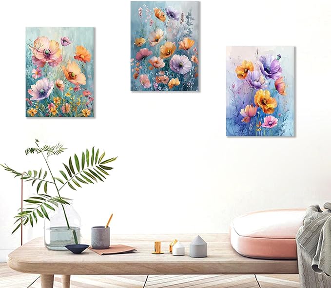 Floral Canvas Wall Art Colorful Abstract Wildflower Purple Daisy Flower Green Leaves Picture Print Plant Theme Posters Painting Artwork for Bedroom Bathroom Wall Decor Ready to Hang [36''W x 16''H]
