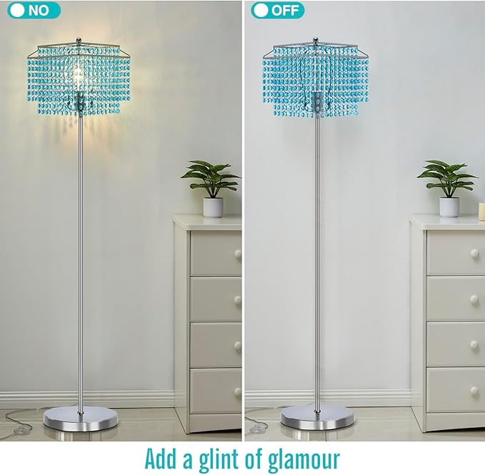 Luvkczc Crystal Floor Lamp Blue, 64" Tall Elegant Standing Lamp with On-Off Foot Switch, Double-Layer Lampshade, Light Blue Standing Lamps for Living Room, Bedroom, Office, 8W Bulb Included