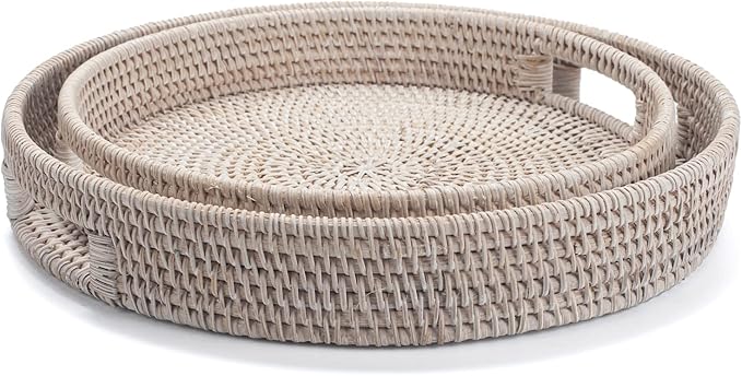 11.8 inch Round Rattan Tray, Decorative Coffee Table Trays, Ottoman Tray, Woven Serving Tray with Handles, Wicker Serving Basket, Whitewash