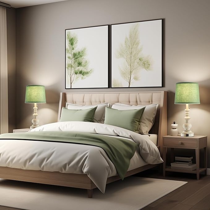 22'' Farmhouse Lamps for Bedrooms Set of 2 Bedside Lamps for Nightstand with USB Charging Ports Traditional Boho Table Lamps for Living Room Study Room,Green Shade,Bulbs Not Included