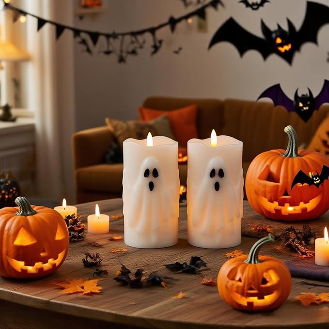 Eldnacele Halloween Flameless Candles with Remote and Timer, Battery Operated Hand Painted Ghost 3D Wick Flickering Real Wax White LED Pillar Candles Spooky Ghost Face Halloween Decor(2pcs,D3×H6.5)