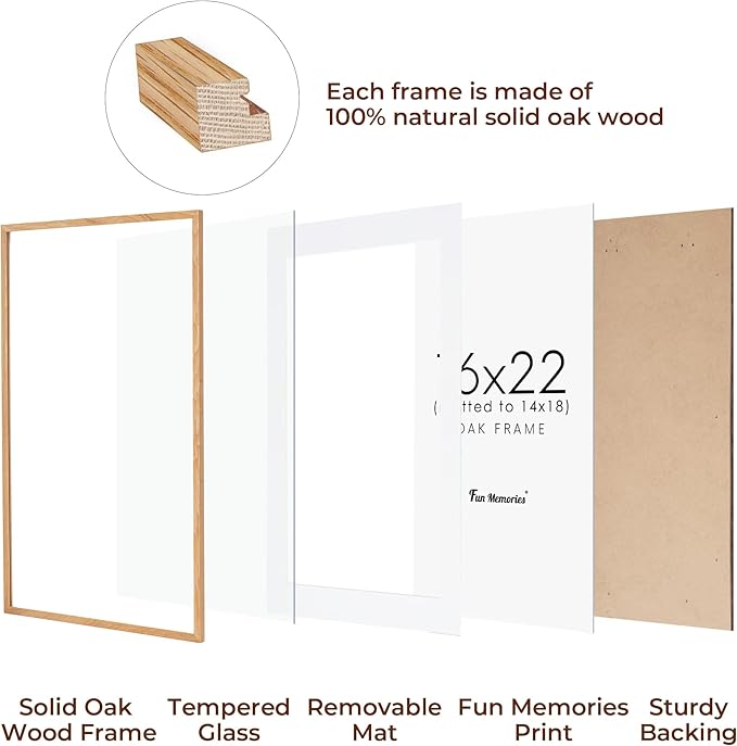 Fun Memories Natural Oak 16x22 Picture Frame with Real Glass, Matted to 14x18, Wall Frame (1 Pack)