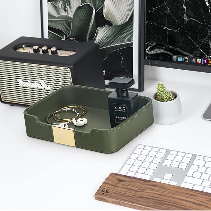 SANZIE Luxury Leather Tray Desktop Storage Catchall Organizer Decorative Tray for Entryway Table to Hold Jewelry Watch Keys Phone Wallet (Metal Glided, Green)