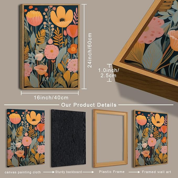 IARTTOP Large Floral Framed Canvas Wall Art 16x24 Inch Orange Abstract Blossom Flowers Wall Decor Set of 3 Mid-century Modern Boho Botanical Art Prints for Living Room Bedroom Office